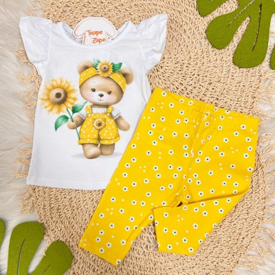 Conj. Blusa Ursinha Girassol e Calça Legging Florzinhas - Branco e Amarelo